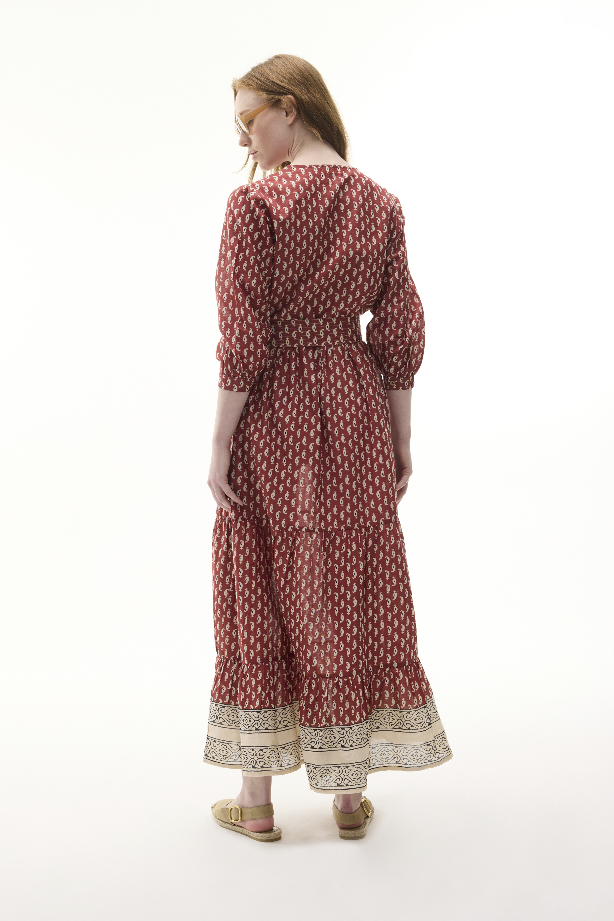 ETNİK BASKILI KEMER DETAYLI KLOŞ UZUN ELBİSE