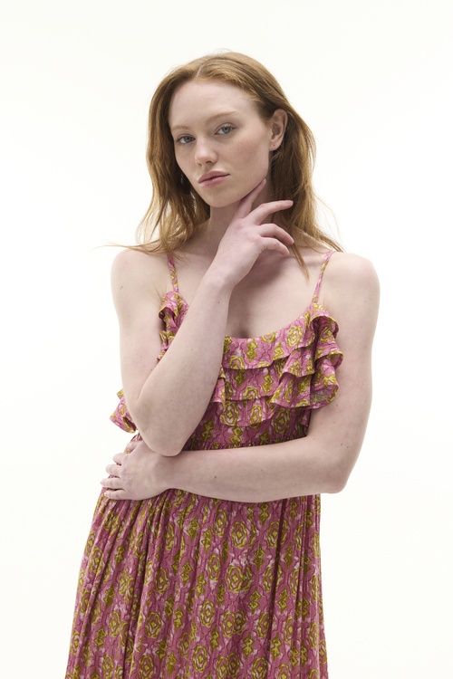  FLORAL BASKILI ASKILI VOLANLI MİDİ ELBİSE