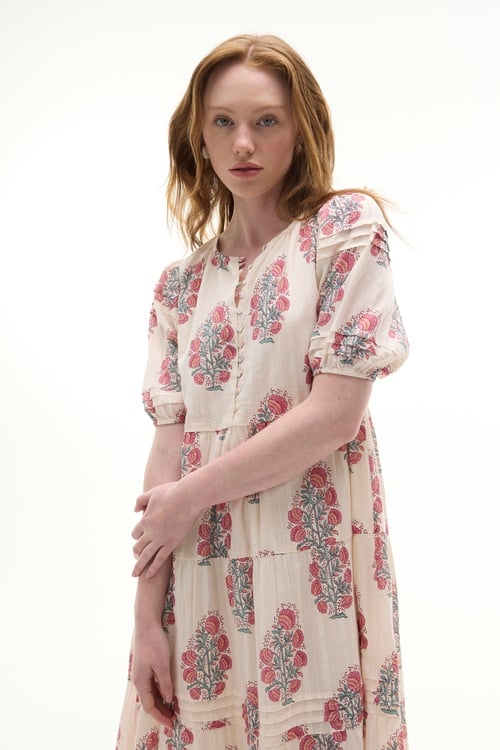  FLORAL BASKILI A FORM MİDİ ELBİSE