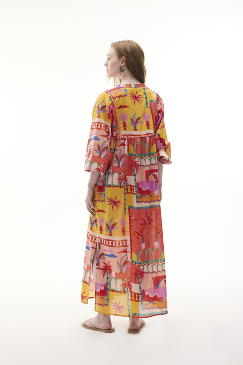  MARİN BASKILI YAKA DETAYLI KLOŞ MİDİ ELBİSE