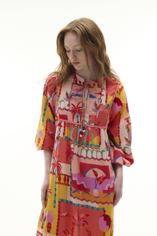  MARİN BASKILI YAKA DETAYLI KLOŞ MİDİ ELBİSE