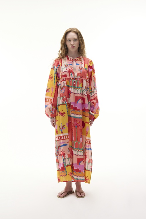  MARİN BASKILI YAKA DETAYLI KLOŞ MİDİ ELBİSE