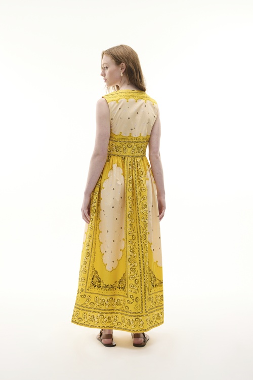  V YAKA A FORM BASKILI MİDİ ELBİSE