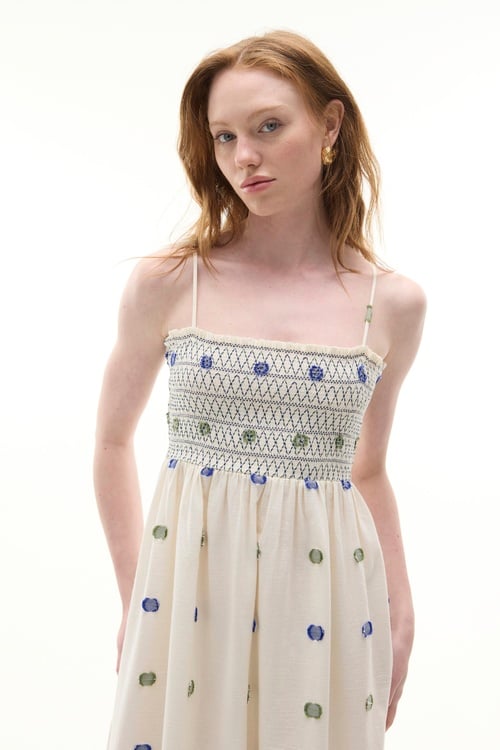  NAKIŞLI ASKILI MİDİ ELBİSE