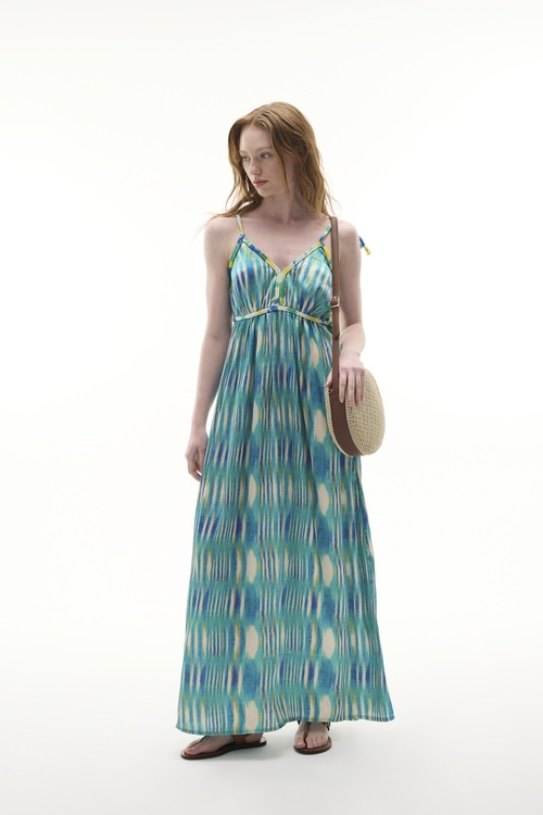  BASKILI A FORM ASKILI SIRTI AÇIK UZUN ELBİSE