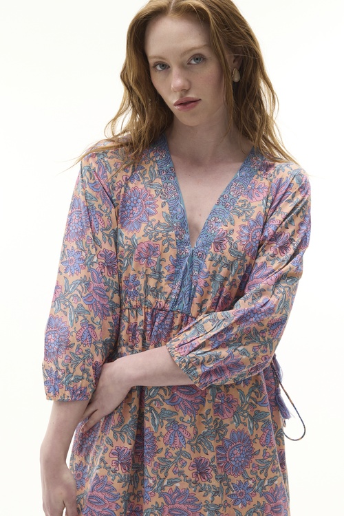  ETNİK BASKILI V YAKA KLOŞ MİDİ ELBİSE