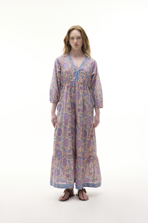  ETNİK BASKILI V YAKA KLOŞ MİDİ ELBİSE