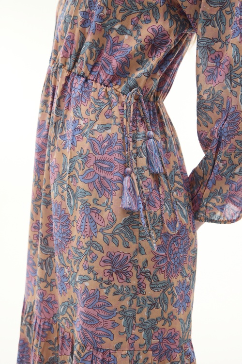  ETNİK BASKILI V YAKA KLOŞ MİDİ ELBİSE