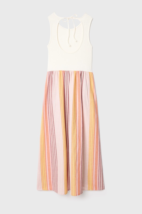  ÇİZGİLİ SIRT DETAYLI KLOŞ MİDİ ELBİSE