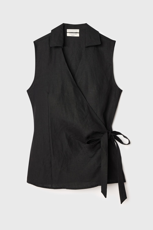  BAĞLAMALI V YAKA KOLSUZ KETEN BLUZ