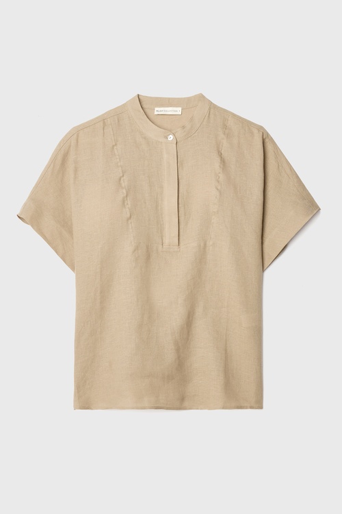  KISA KOLLU DÜĞMELİ KETEN BLUZ