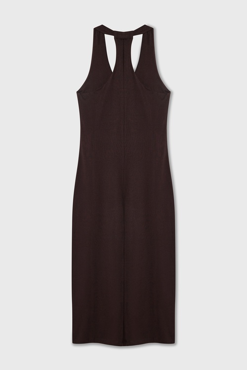  DAR KESİM SIRT DETAYLI KOLSUZ MİDİ ELBİSE