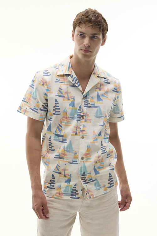  BASKILI RESORT YAKA KETEN KARIŞIMLI KISA KOLLU GÖMLEK