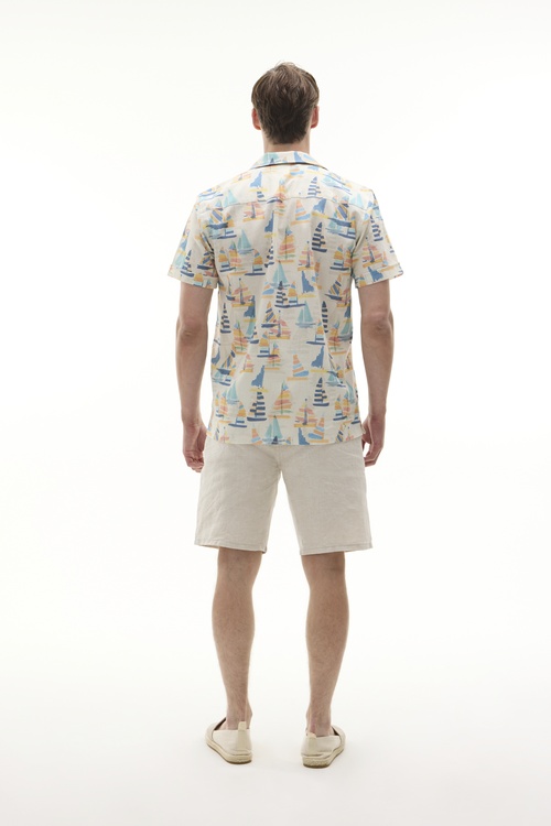  BASKILI RESORT YAKA KETEN KARIŞIMLI KISA KOLLU GÖMLEK