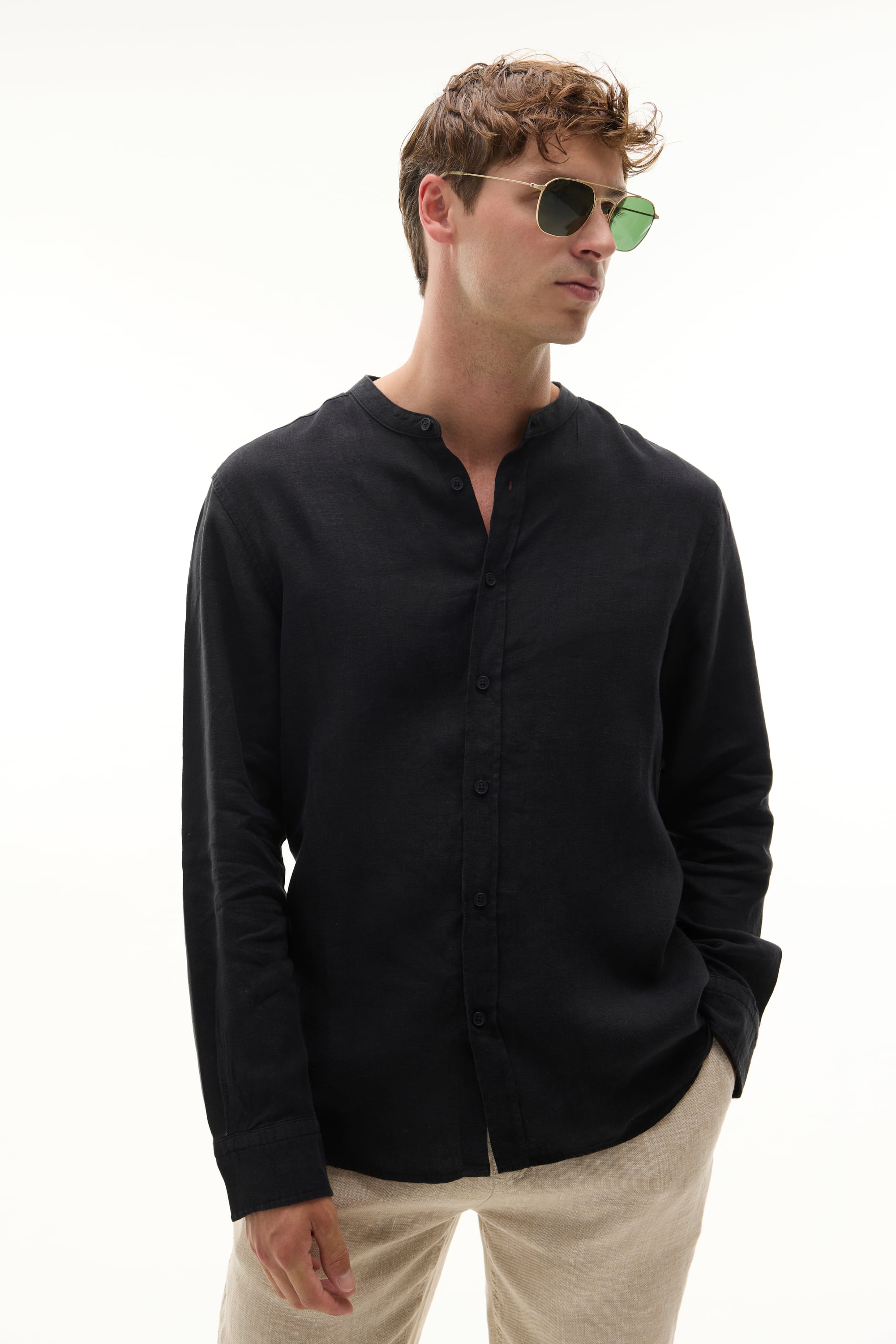 REGULAR FIT HAKİM YAKA UZUN KOLLU KETEN GÖMLEK