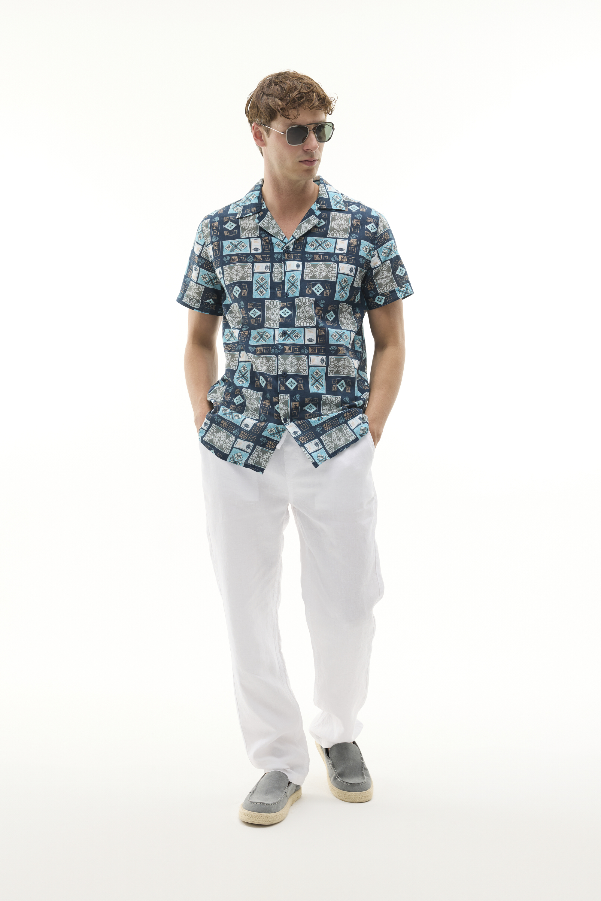 Erkek Beyaz Straight Fit Keten Pantolon