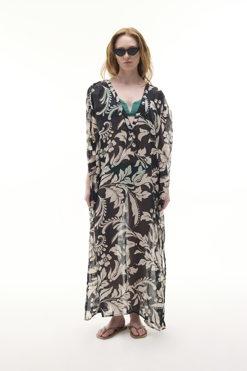  BASKILI KOL DETAYLI OVERSIZE UZUN ELBİSE