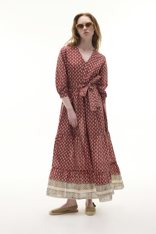  ETNİK BASKILI KEMER DETAYLI KLOŞ UZUN ELBİSE