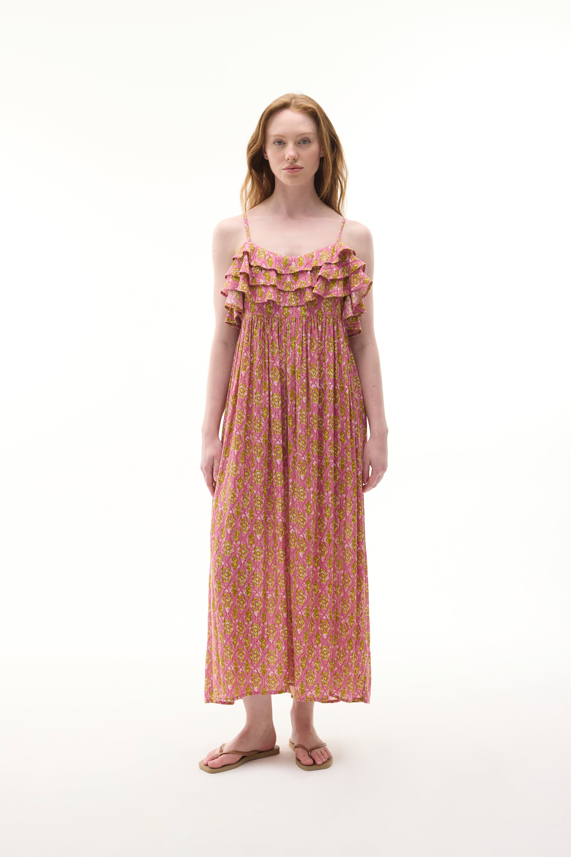 FLORAL BASKILI ASKILI VOLANLI MİDİ ELBİSE