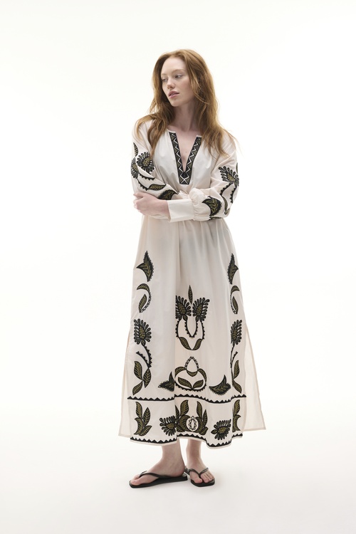  ETNİK NAKIŞLI OVERSİZE V YAKA MİDİ ELBİSE