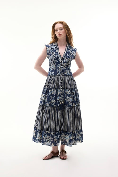  ETNİK BASKILI İŞLEMELİ KOLSUZ UZUN ELBİSE