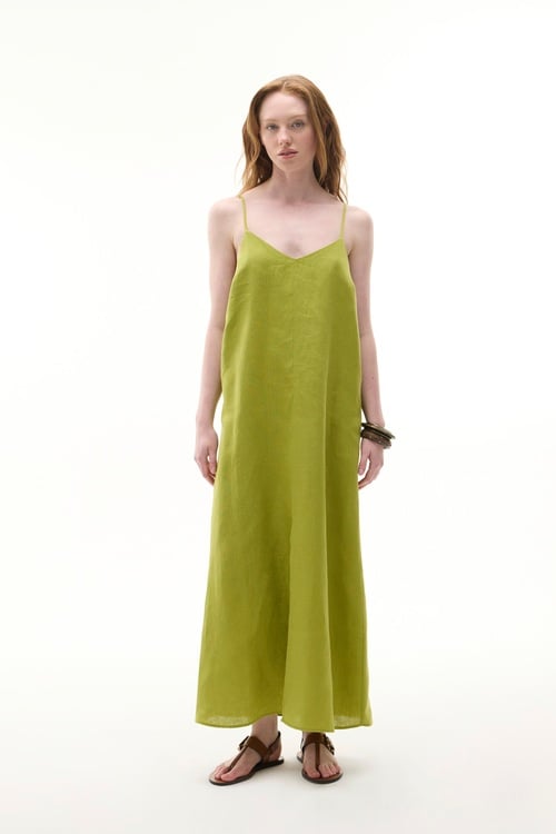  ÖNÜ YIRTMAÇLI ASKILI UZUN KETEN ELBİSE