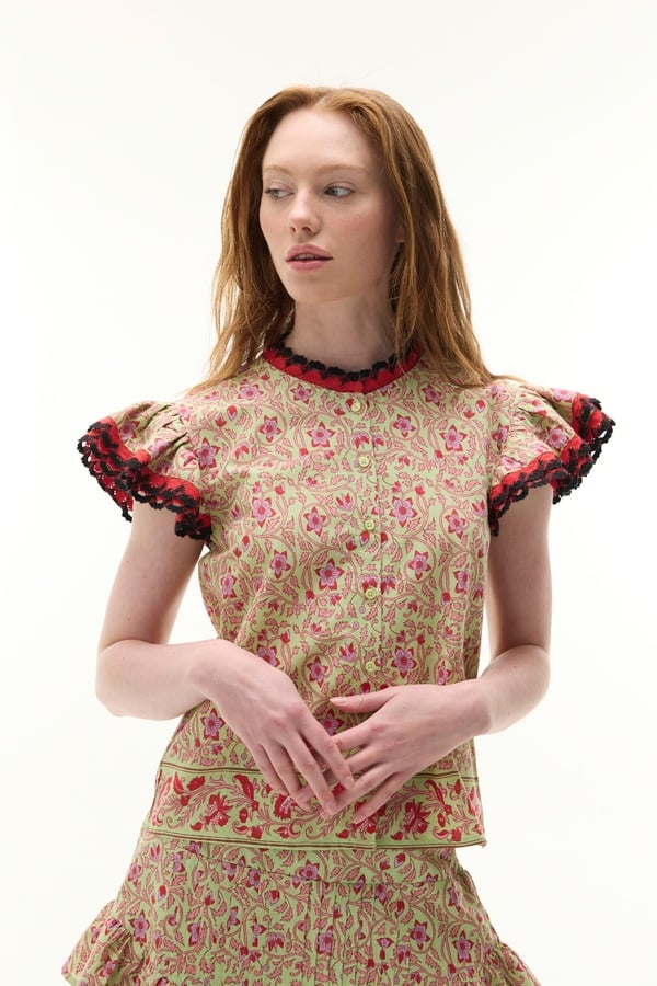 ETNİK BASKILI KISA KOLLU DÜĞMELİ BLUZ