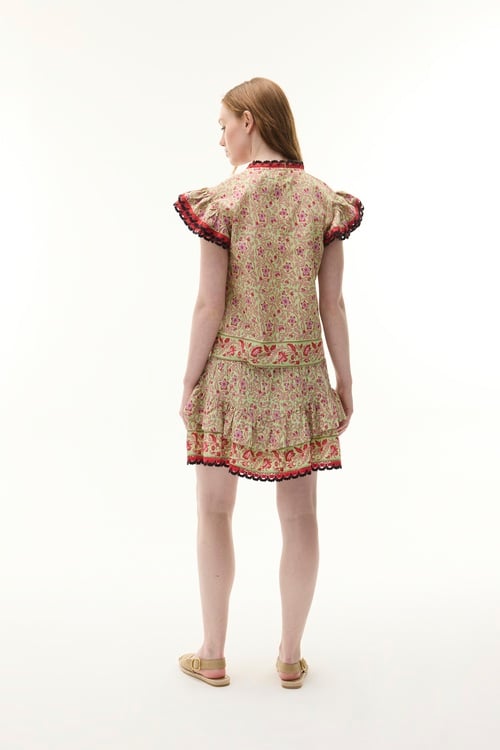 ETNİK BASKILI KISA KOLLU DÜĞMELİ BLUZ