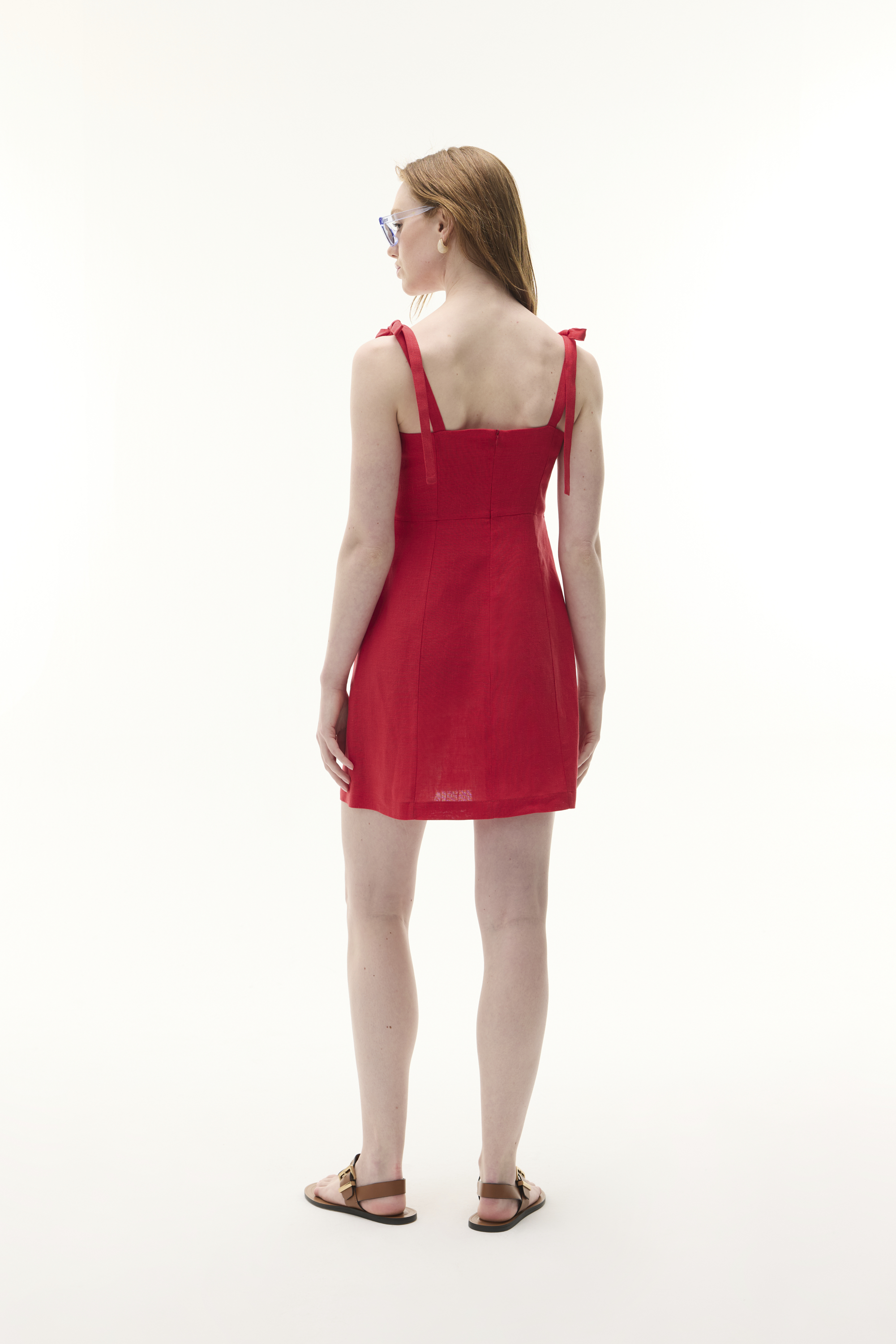 KOLSUZ BAĞLAMALI MİNİ KETEN ELBİSE