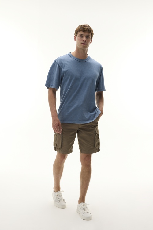  Erkek Mavi Relax Fit Dikiş Detaylı Bisiklet Yaka T-Shirt