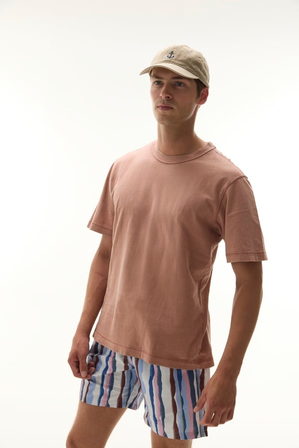 Erkek Pembe Relax Fit Dikiş Detaylı Bisiklet Yaka T-Shirt