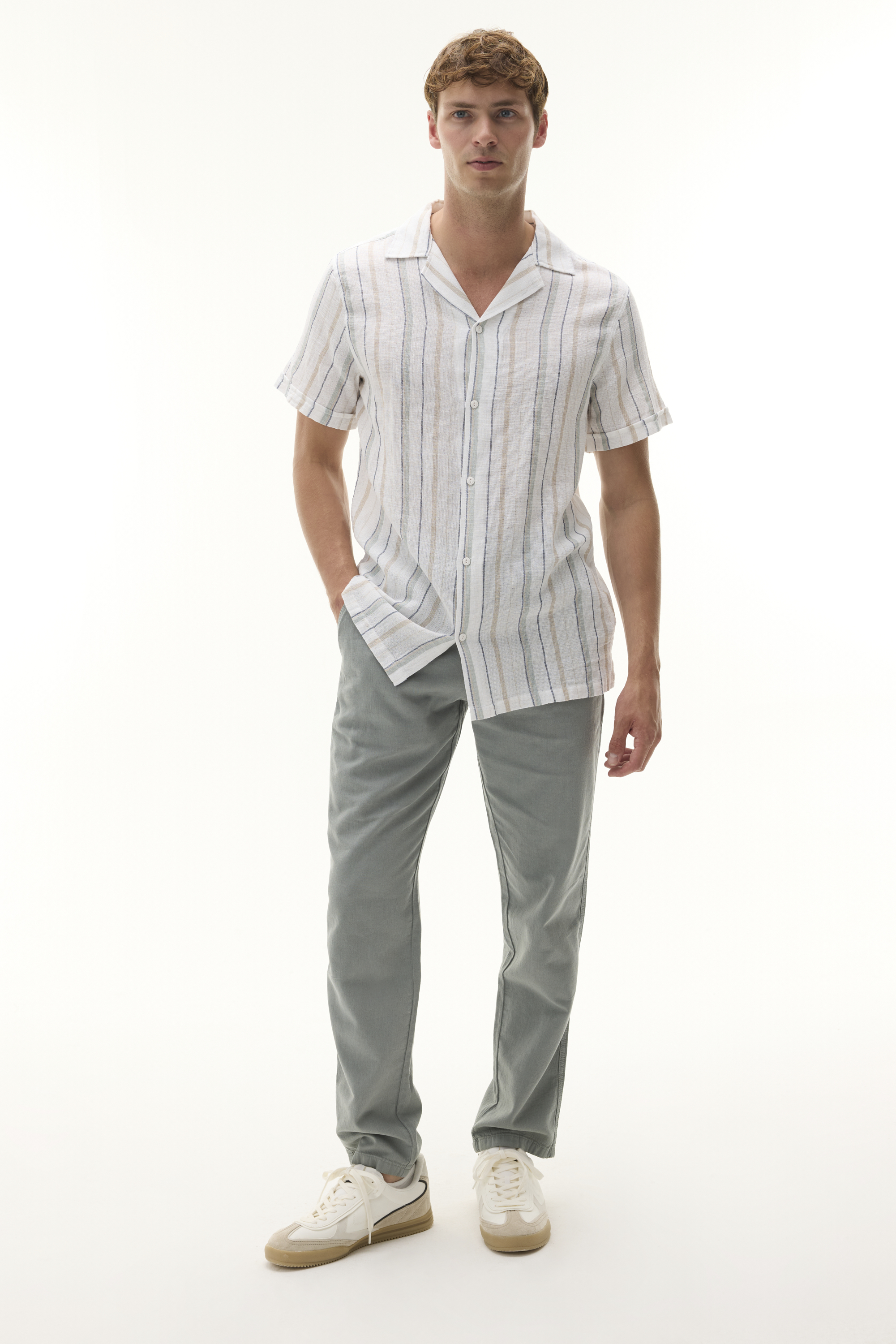 Erkek Yeşil Gri Straight Fit Beli Bağlamalı Pantolon