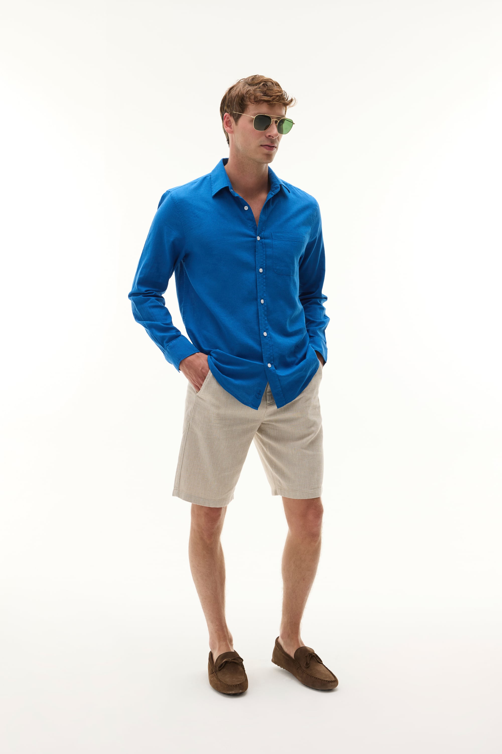 REGULAR FIT UZUN KOLLU KETEN KARIŞIMLI GÖMLEK