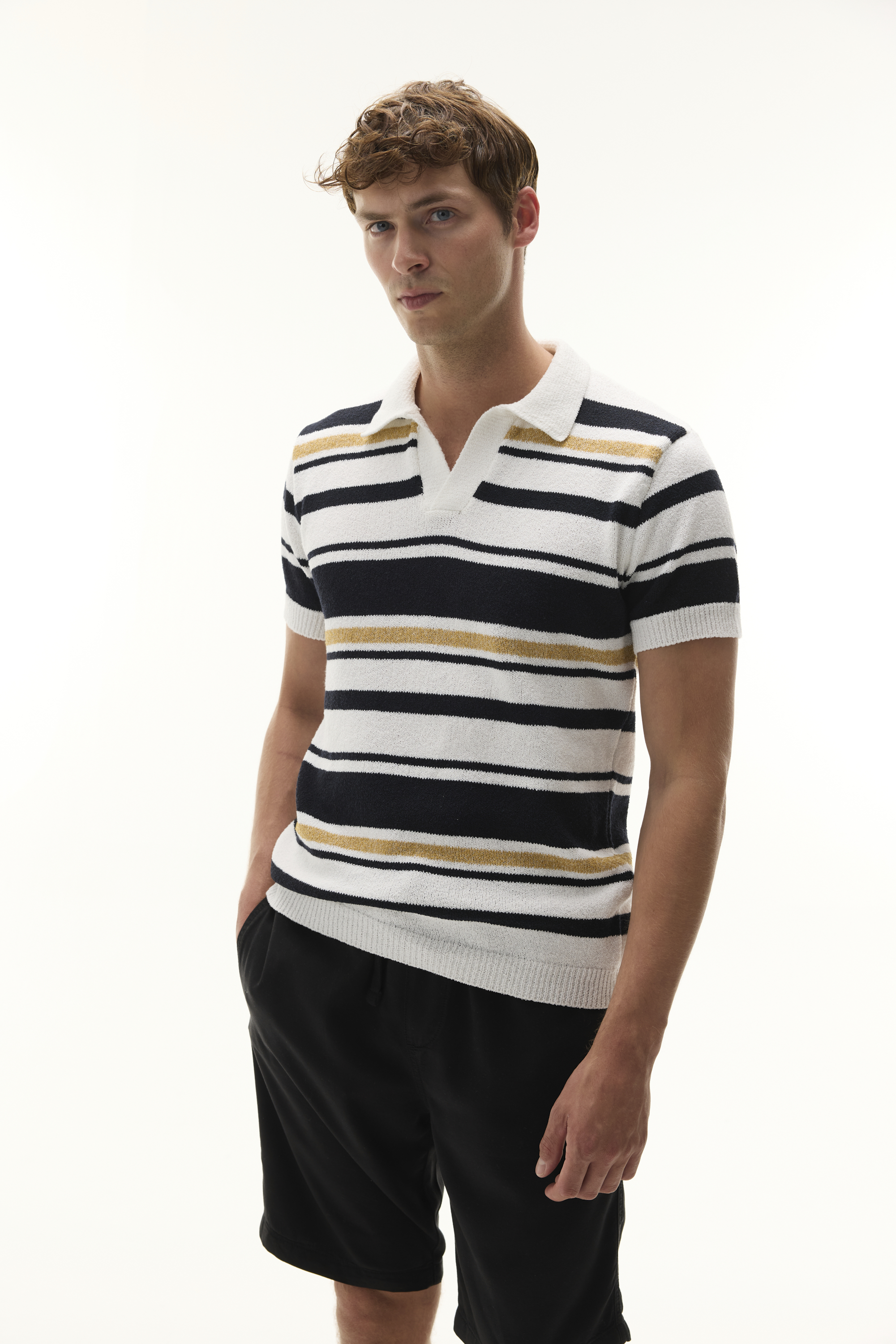 Erkek Hardal Rengi Çizgili Polo Yaka Kısa Kollu Triko Kazak
