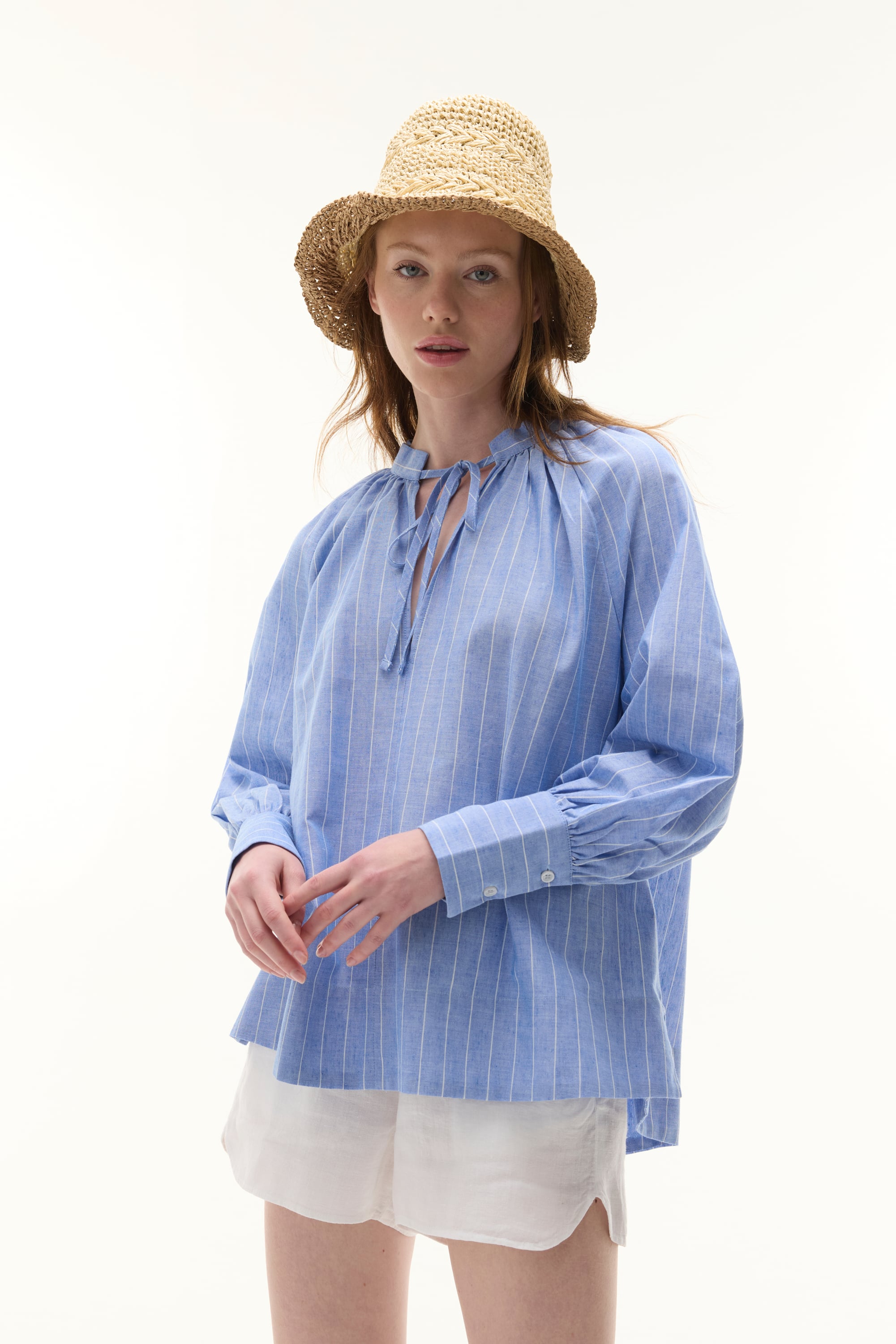 ÇİZGİLİ OVERSIZE BAĞLAMALI YAKA KETEN KARIŞIMLI BLUZ