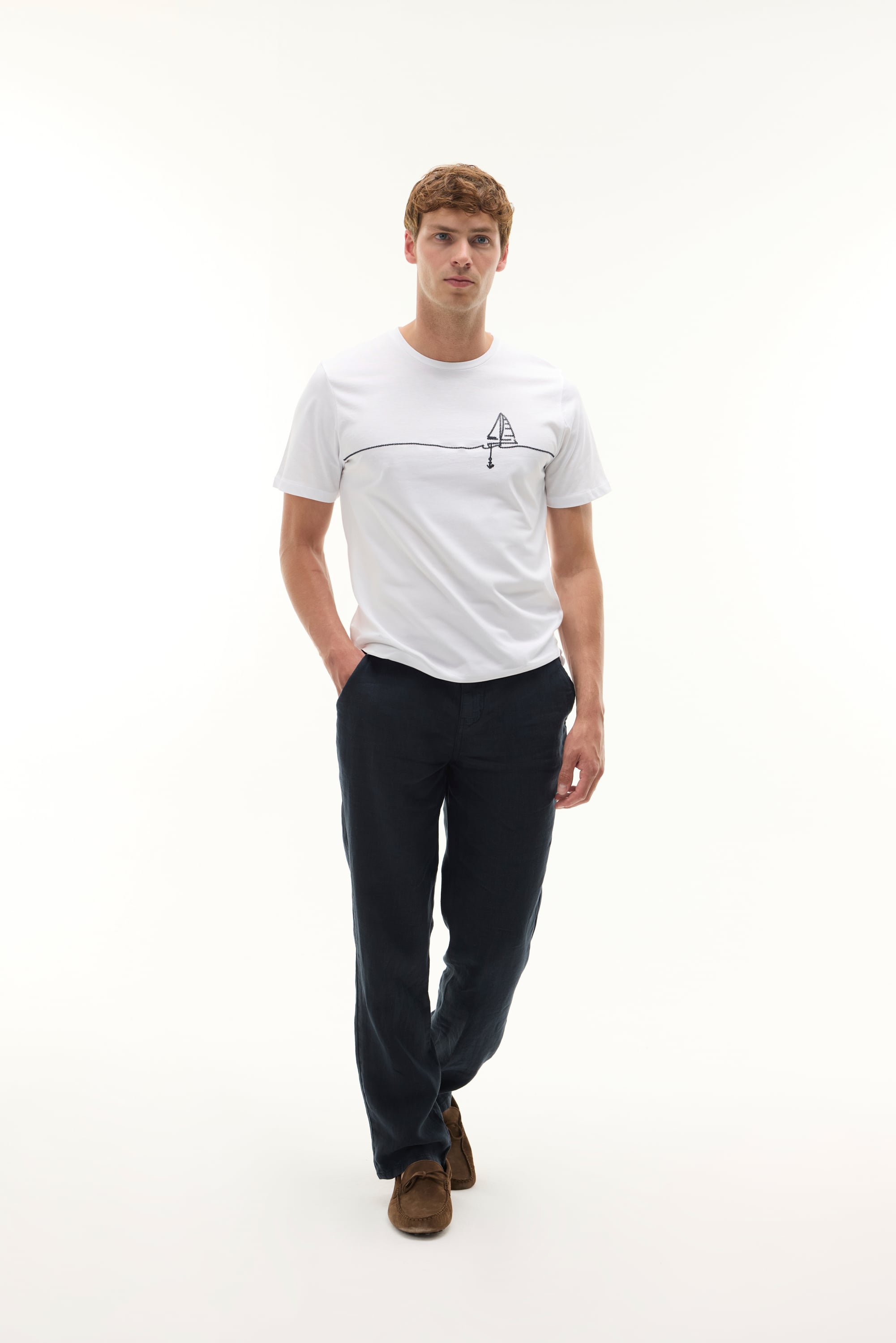 Erkek Beyaz Nakışlı Bisiklet Yaka T-Shirt