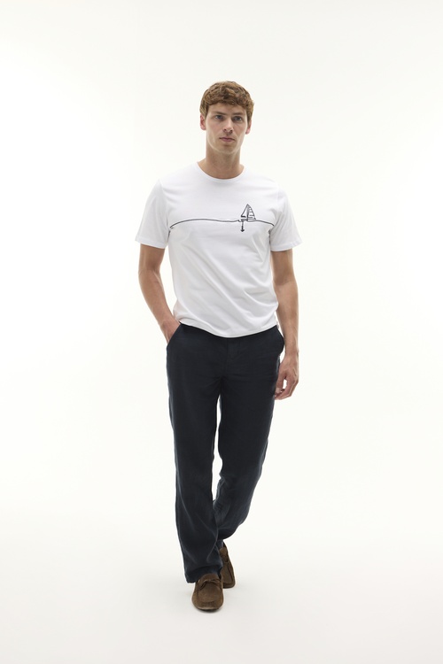 Erkek Beyaz Nakışlı Bisiklet Yaka T-Shirt