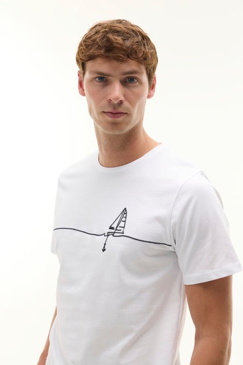 Erkek Beyaz Nakışlı Bisiklet Yaka T-Shirt