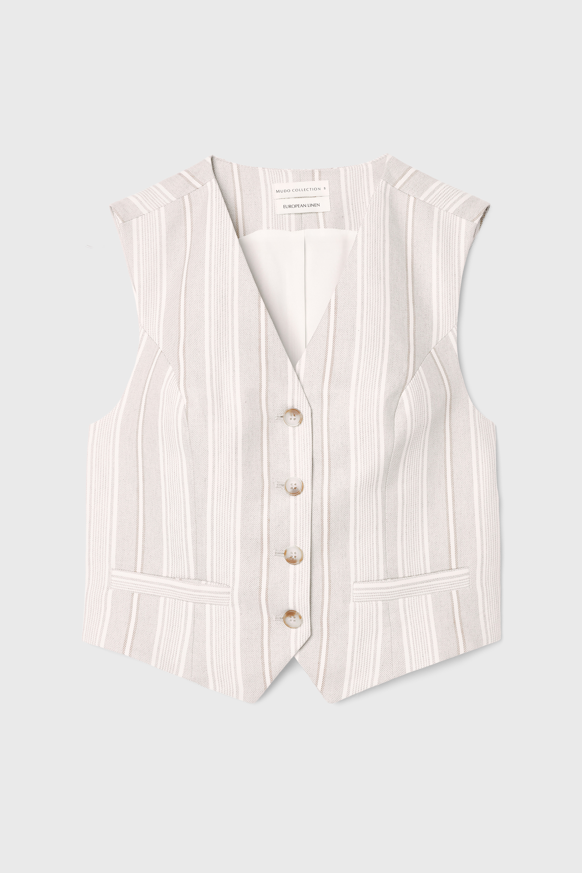 KETEN KARIŞIMLI ÇİZGİLİ KOLSUZ FITTED CEKET