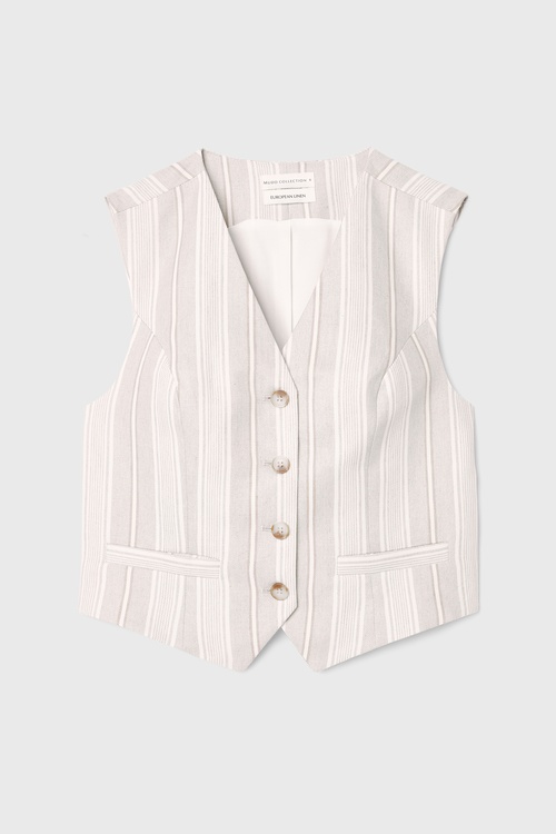  KETEN KARIŞIMLI ÇİZGİLİ KOLSUZ FITTED CEKET