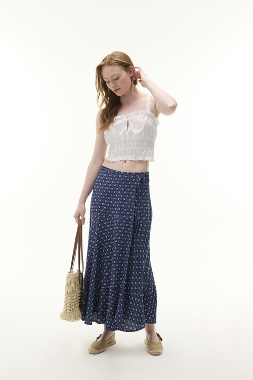  FLORAL BASKILI BAĞLAMA DETAYLI KLOŞ MİDİ ETEK