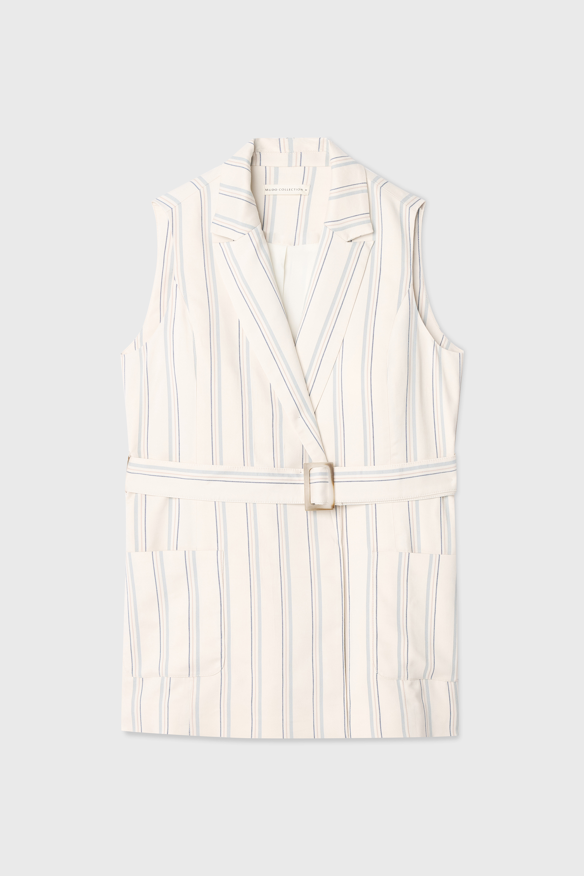 ÇİZGİLİ KEMERLİ KOLSUZ CEKET