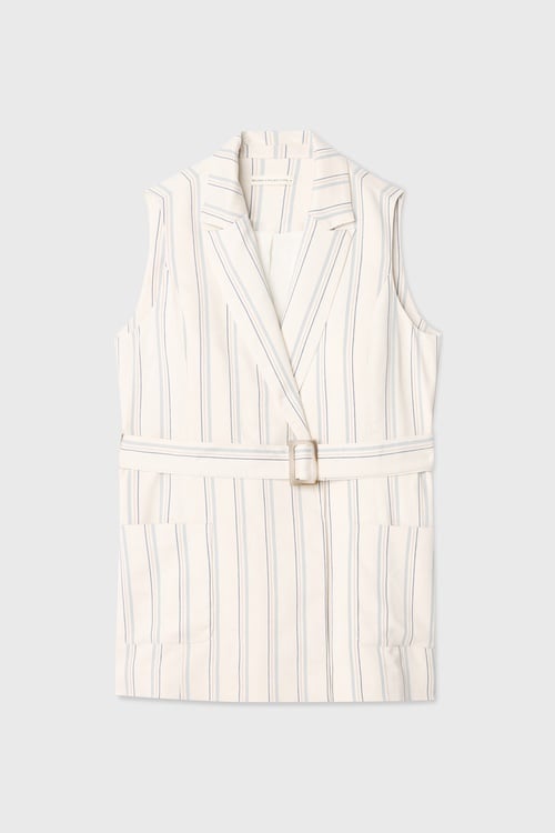  ÇİZGİLİ KEMERLİ KOLSUZ CEKET