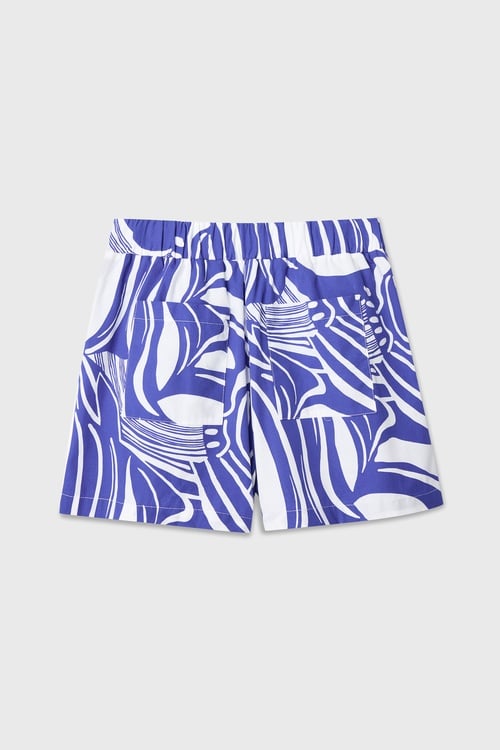 Kadın Mavi Relax Fit Floral Baskılı Beli Lastikli Şort