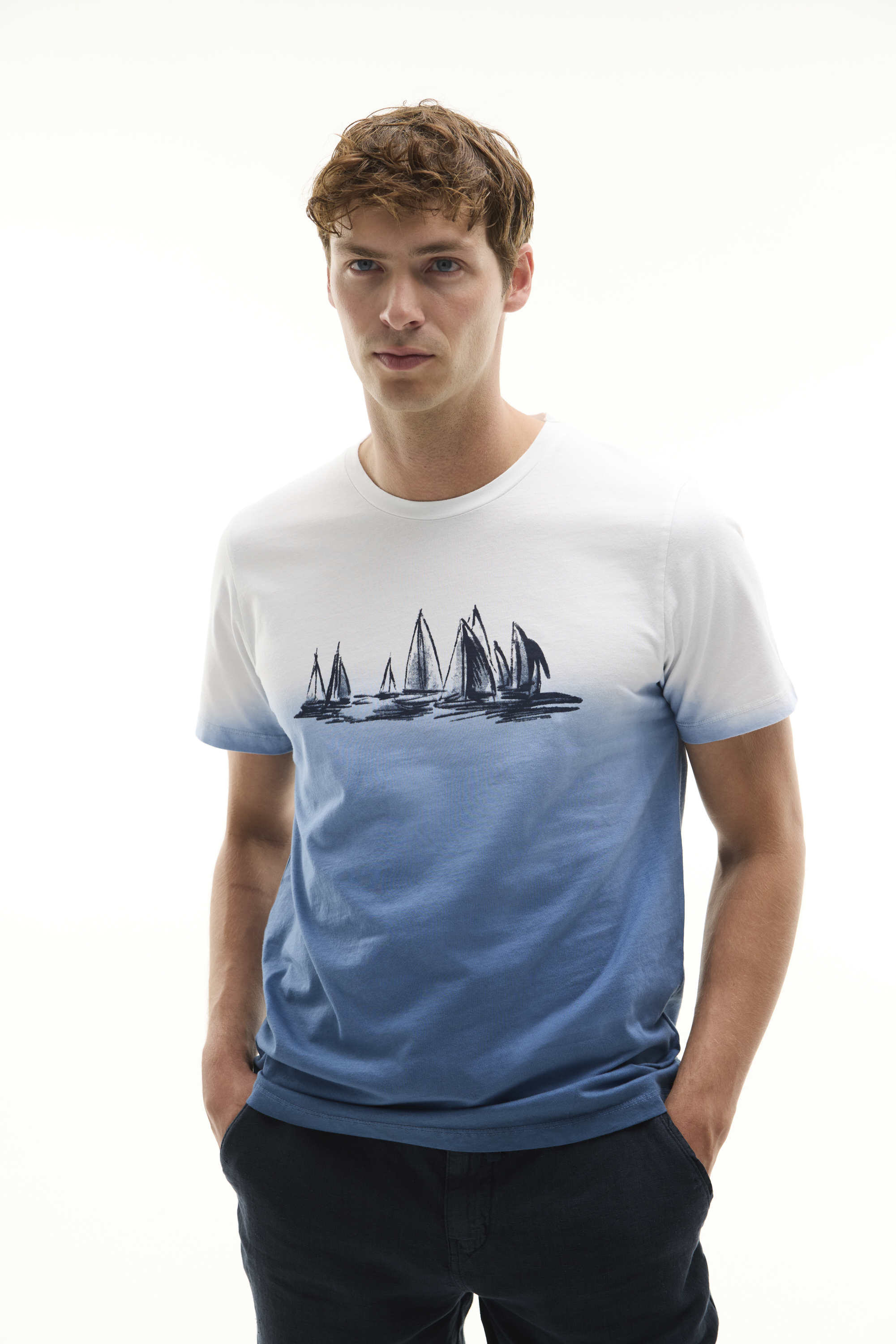Erkek Mavi Baskılı Bisiklet Yaka T-Shirt