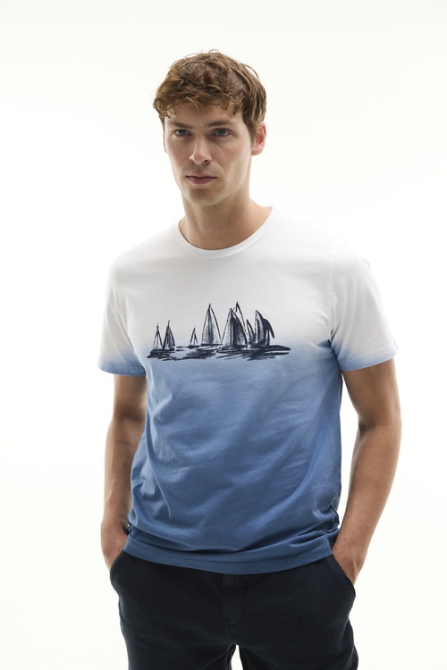  Erkek Mavi Baskılı Bisiklet Yaka T-Shirt