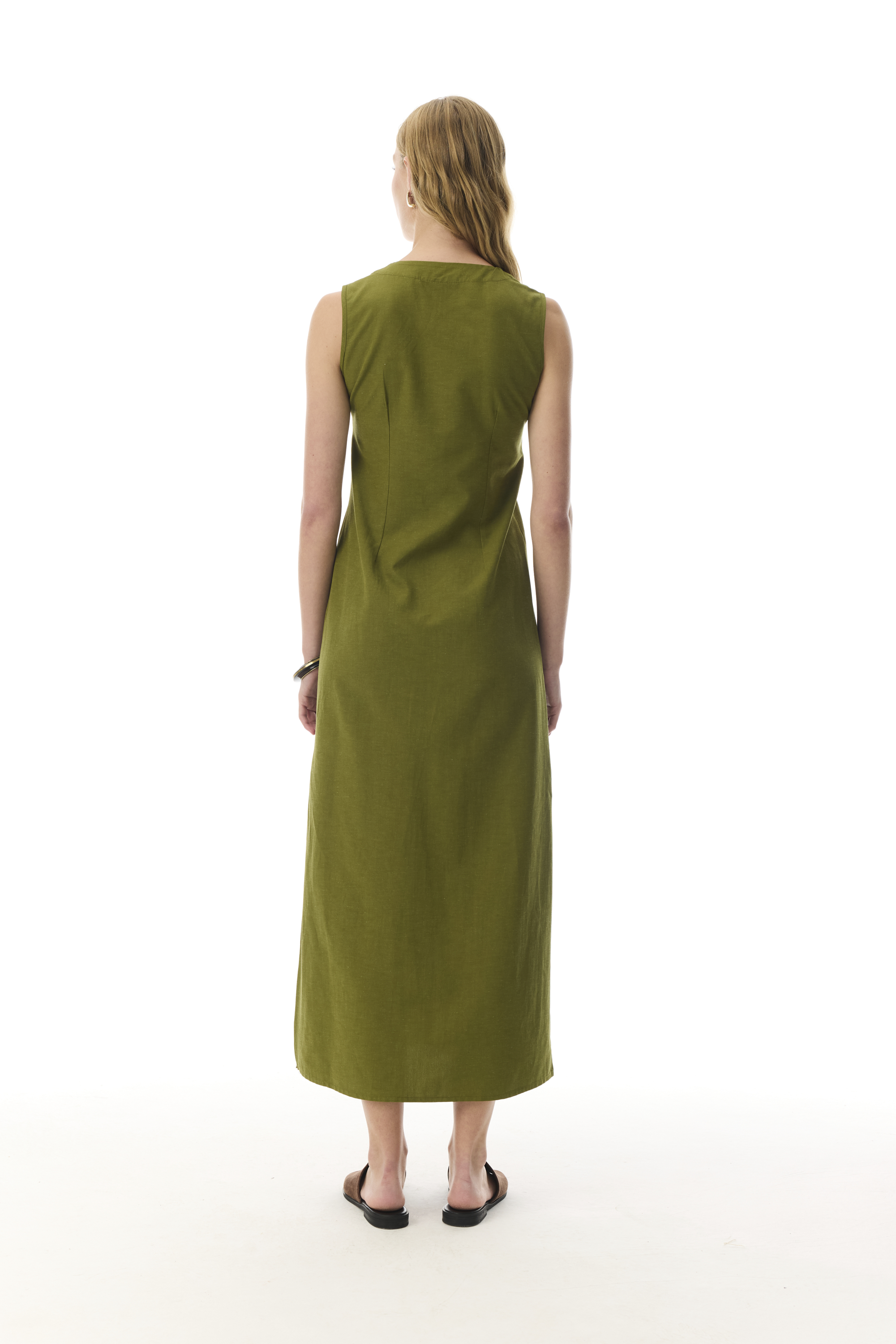 DÜZ KESİM KOLSUZ V YAKA UZUN ELBİSE