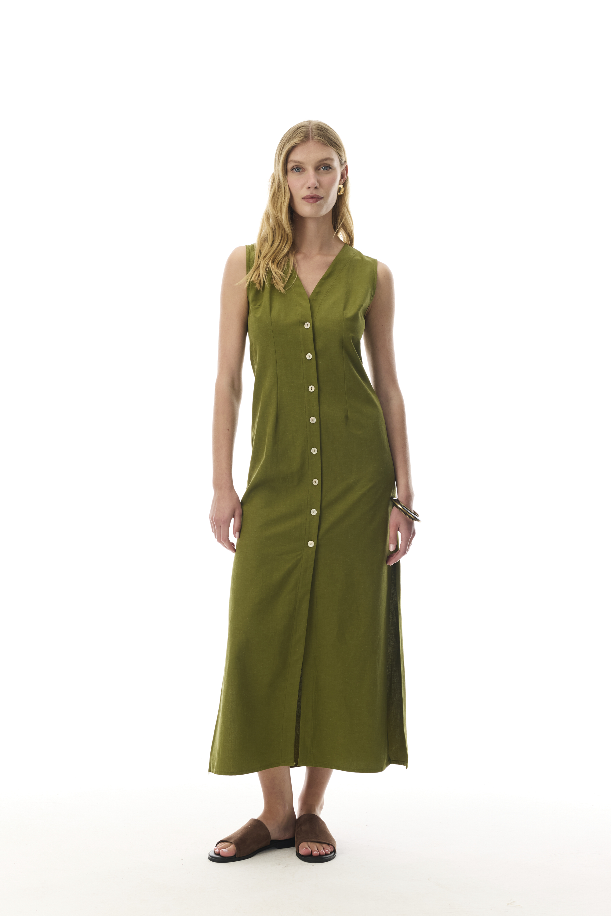 DÜZ KESİM KOLSUZ V YAKA UZUN ELBİSE