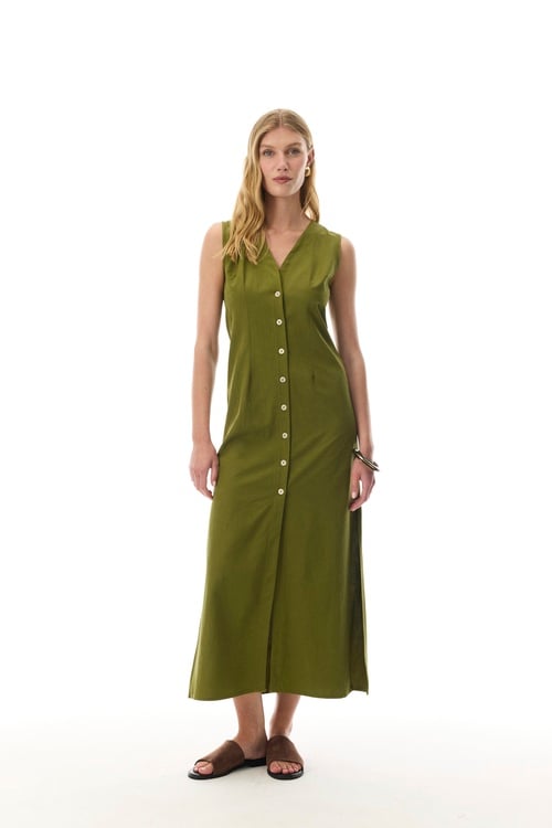 DÜZ KESİM KOLSUZ V YAKA UZUN ELBİSE