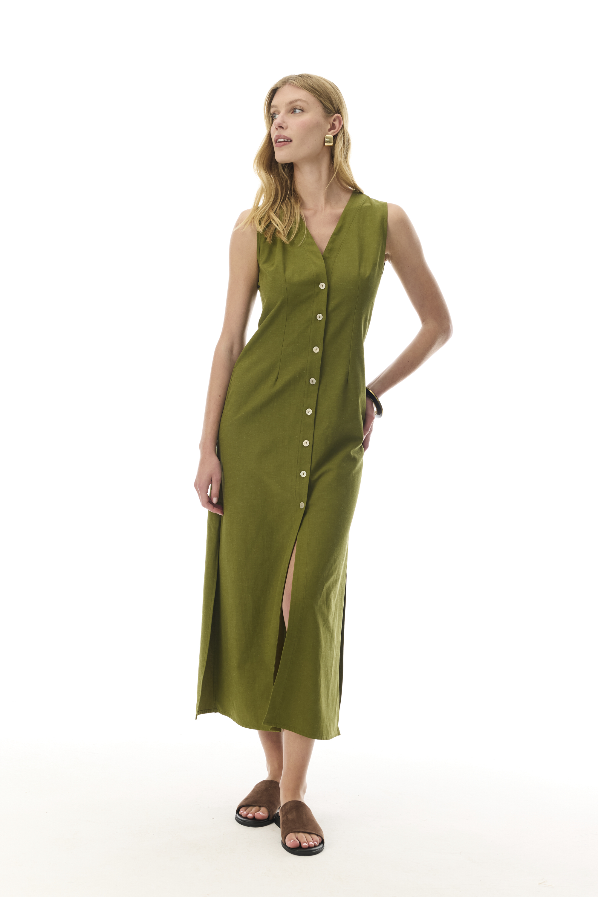 DÜZ KESİM KOLSUZ V YAKA UZUN ELBİSE